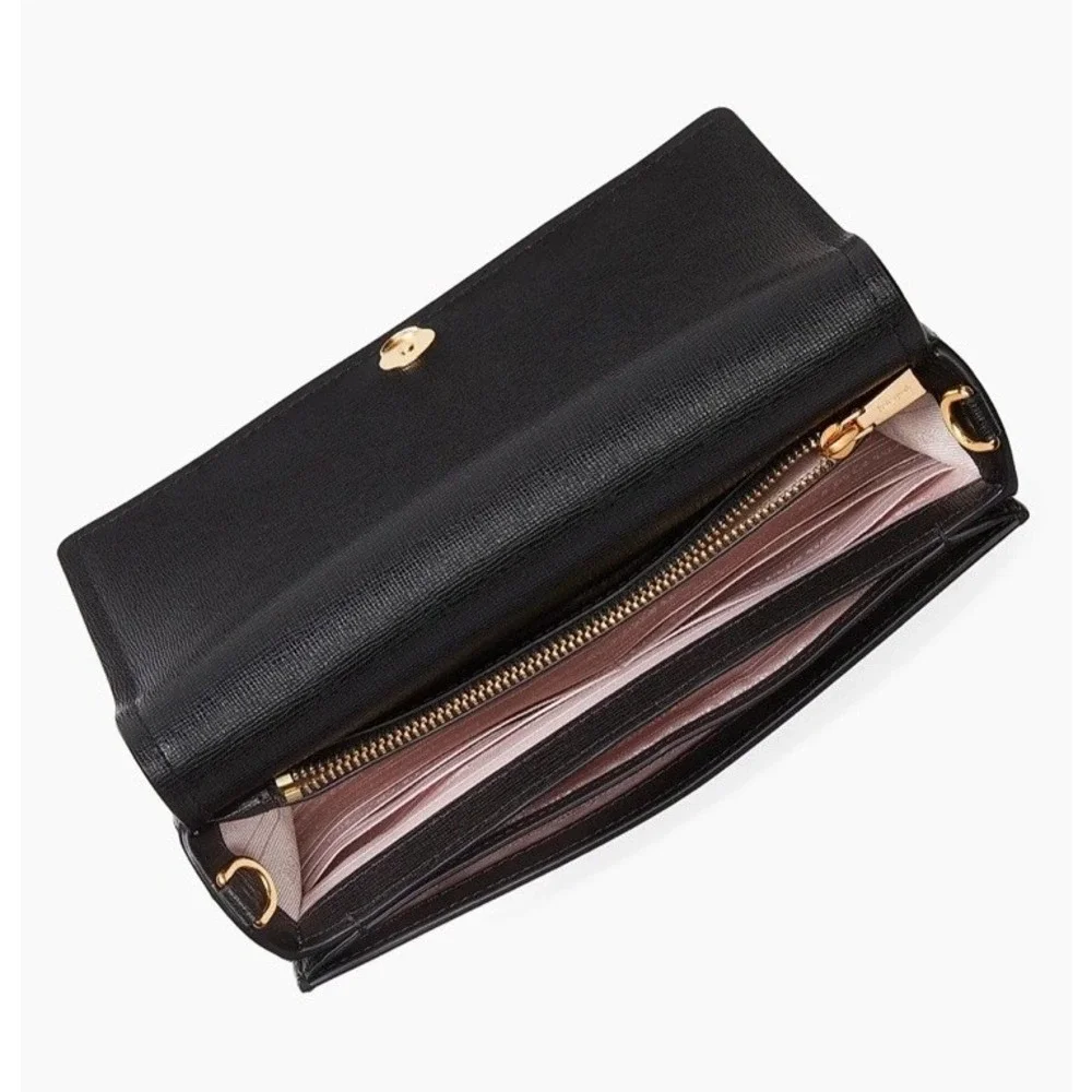 NWT Kate Spade Morgan Black Leather‎ Flap On A Chain Wallet Crossbody Strap